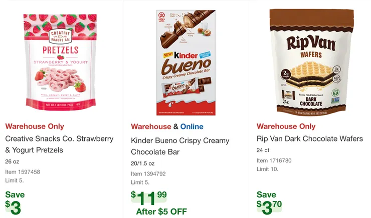 草莓優格口味餅乾 $8.49、Kinder 巧克力、Rip Van 黑巧克力餅乾 $9.86。