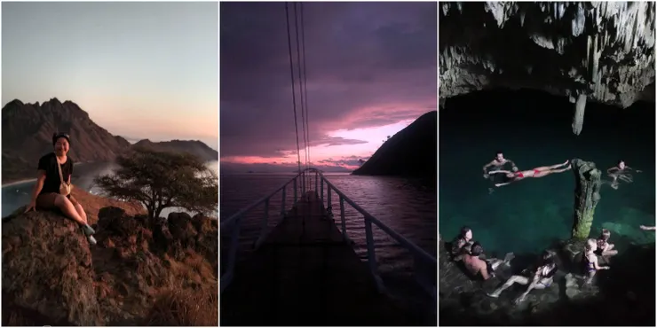 左:帕達爾日出/中:有成群蝙蝠飛過,可惜太暗沒拍出/右:蘭科洞穴游泳(Tyty Chow提供)