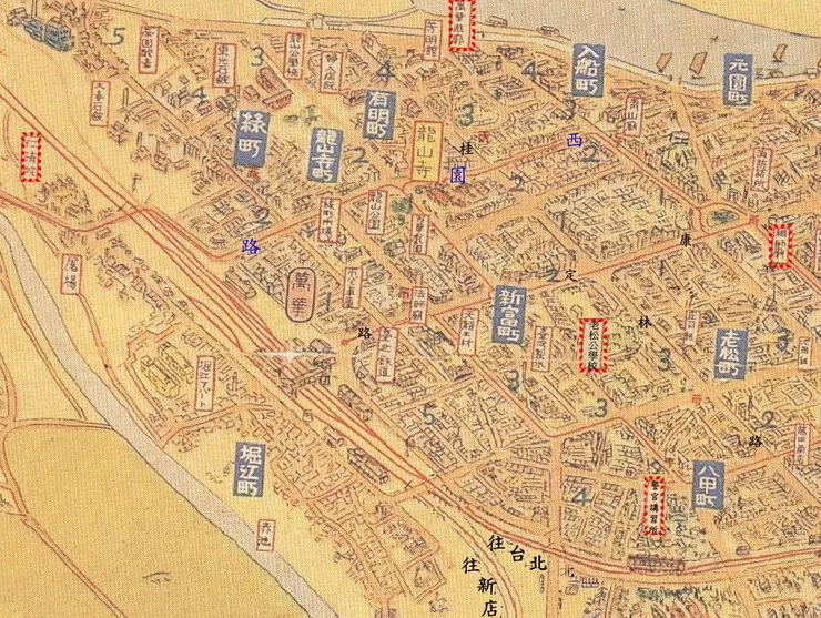 1935 年大窪四郎《大台北鳥瞰圖》，艋舺被劃分出 14 個町。圖／網路資料