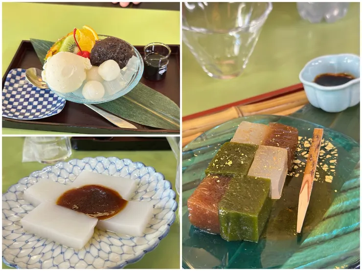 不要小看佛院旁的低調餐廳，每份甜點都很有水準，右邊那份蕨餅還加了金箔哩！
