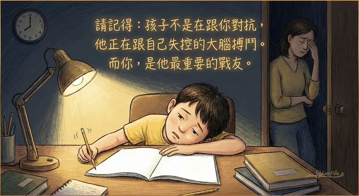 晚上作業時間的拉鋸：孩子不是在挑釁，往往是撐到沒力氣；父母也不是不努力，是累到快失去自己  📌 精神分析領域常談「容器（Container）」概念。當孩子的大腦無法涵容自身的混亂與失控時，父母穩定的理解與陪伴，就是他們此刻最需要的外部容器。