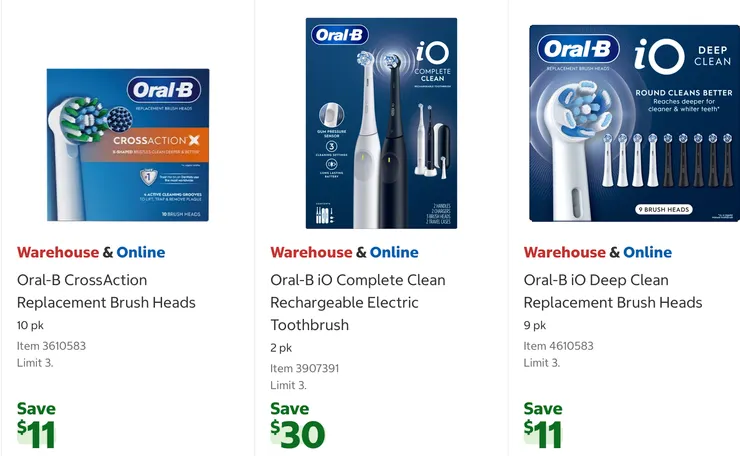 Oral-B 替換刷頭(10支)$43.99、iO 系列 2 全面潔淨充電式電動牙刷(2組裝)$69.99、深層清潔替換牙刷頭(9支)$43.99。