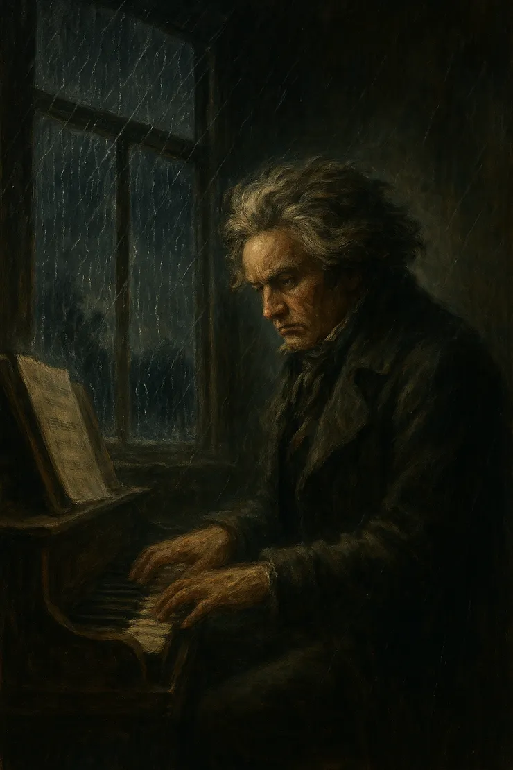 這幅畫面捕捉了貝多芬在風雨交加的夜晚，孤獨地坐在窗前，彷彿在與命運搏鬥。他的眉頭緊鎖，雙手深陷琴鍵，窗外的雨水如同樂譜般流動，映照出他內心的吶喊與不屈。這不只是音樂的場景，而是靈魂的震盪。