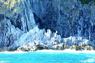 白色的安山岩中夾雜的黑色的捕獲岩，是岩漿上升時包住其他岩石而形成