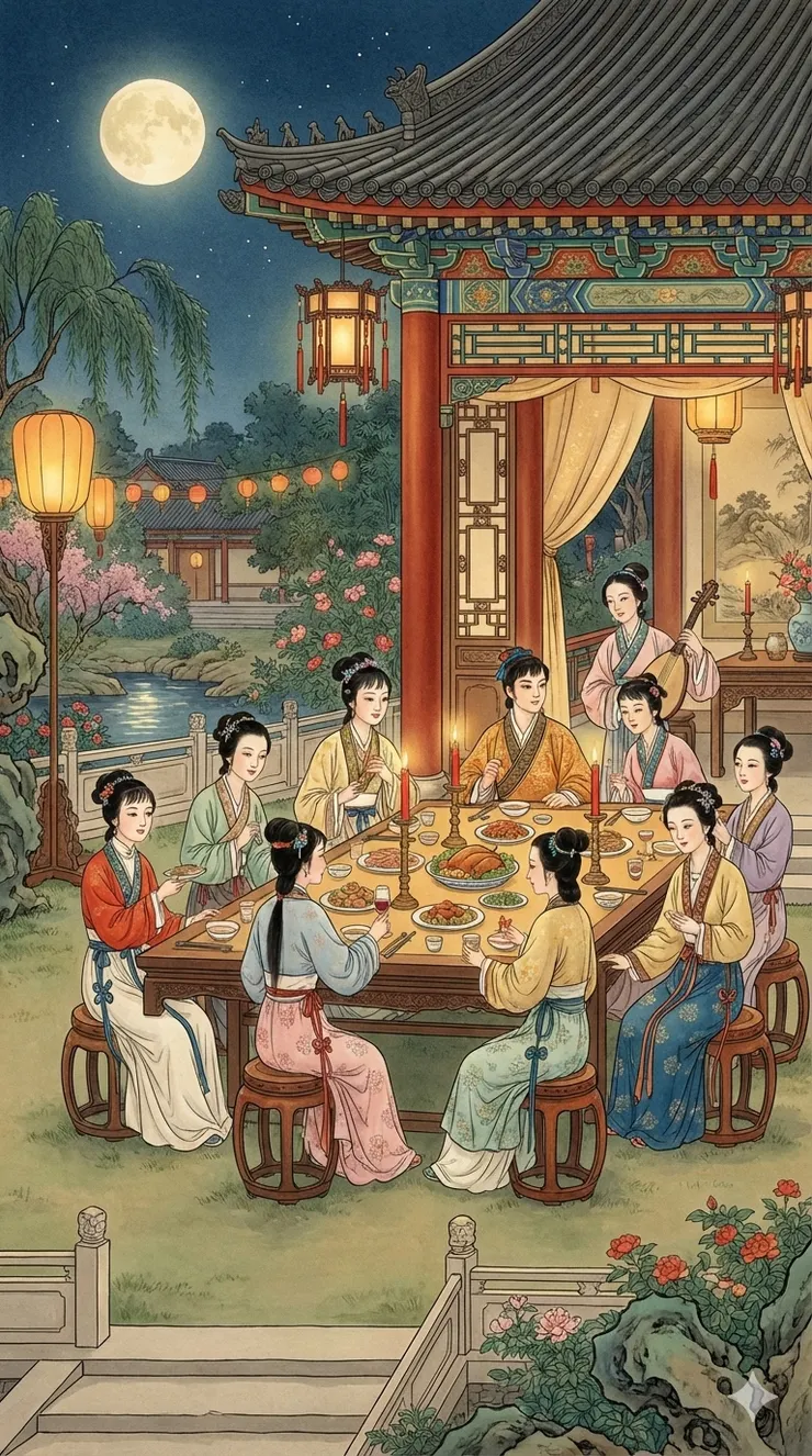 大觀園夜宴，寶玉，寶釵、黛玉、探春、李紈、寶琴、香菱，襲人，晴雯都來了。  