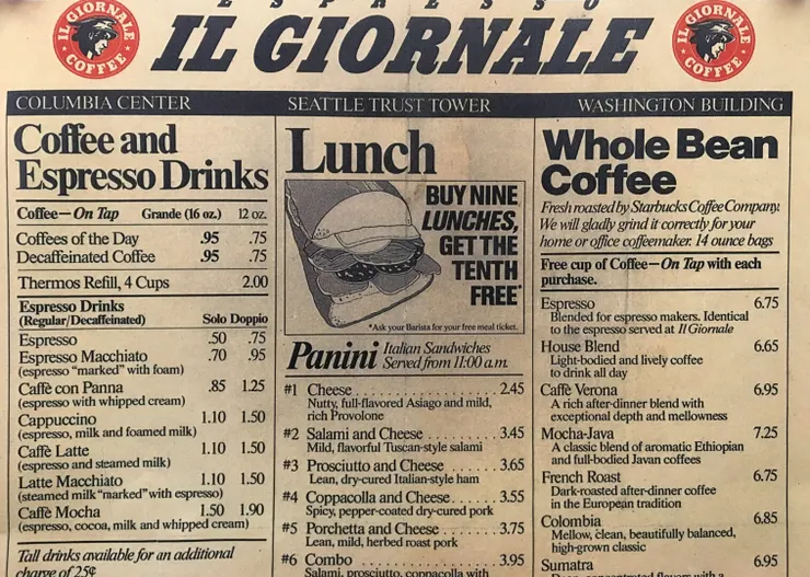 Schultz 離職後開的咖啡廳 Il Giornale 菜單,圖片來源 Starbucks。
