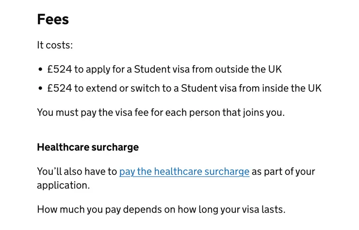 英國政府官網上的簽證申請費用說明