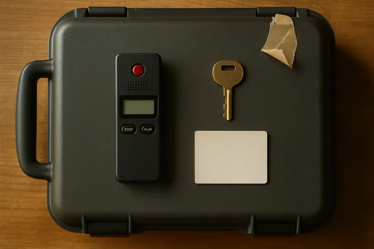 木桌上打開的灰色器材箱；紅點麥克風與假鑰並列，封條剛撕開。