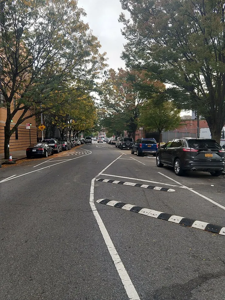 國外正常的減速彎（Chicane）多半是連續彎道，以便確保車輛在通行此區域時都能在設計速率內。這個台北市首例的減速彎也是我第一個看到畫了一個彎就叫減速彎的設計。圖為美國紐約市Bronx區 Washington Avenue 某一段的減速彎設計，RoySmith@Wikimedia Commons (CC BY-SA 4.0 DEED)