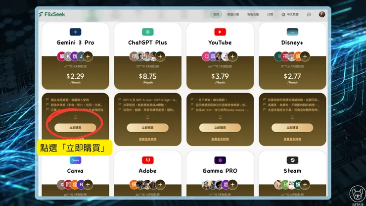 FlixSeek 商品列表頁面截圖，展示 Gemini 3 Pro、ChatGPT Pluso、Youtubeo、Disney+、Canva、Steam等熱門 AI 工具的訂閱選項。