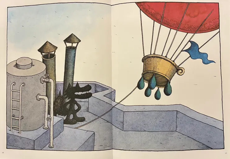 居高臨下的大野狼在紅氣球旁邊看著天空。電影《紅氣球》故事中，紅氣球象徵陪伴孤獨主角的友誼，是不離不棄的個體靈魂，出現在這裡頗饒富深意。