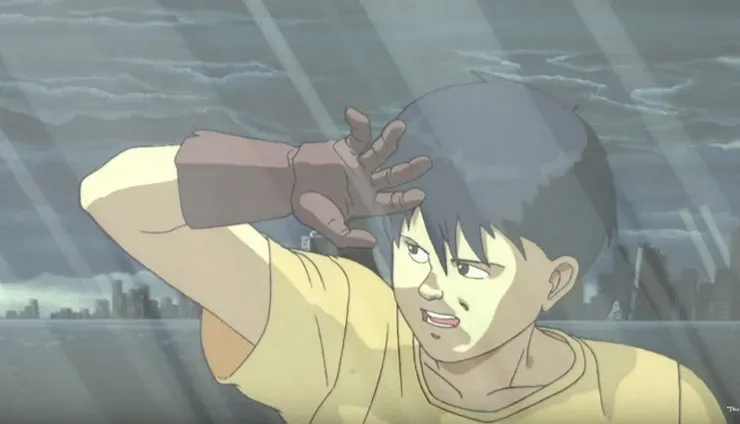 《阿基拉》劇末有一幕捕捉到刺穿烏雲的光束。來源：《阿基拉》電影劇照