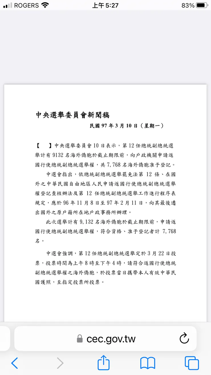 2008年返國投票僑民人數