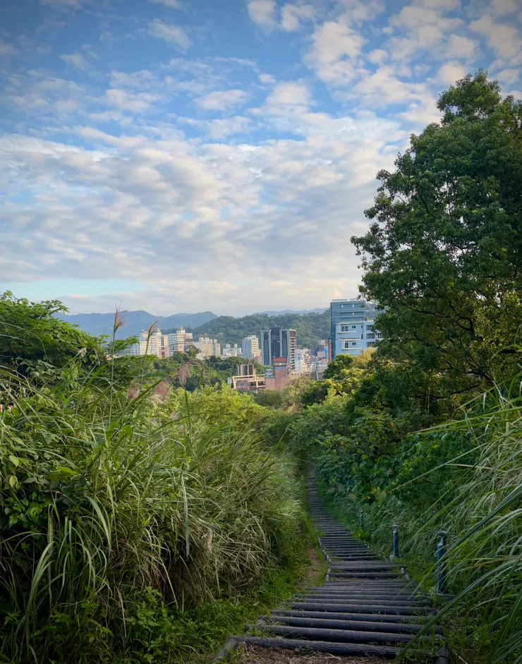 南向往「生態蓄洪池」的步道段，眺望住宅群
