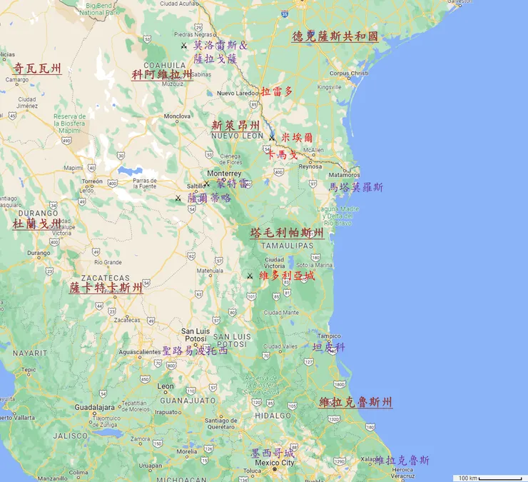 里奧格蘭德共和國的情勢，紅色是曾被共和國控制的城鎮，紫色是墨西哥政府控制的城市。