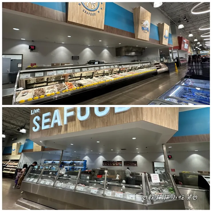海鮮區有龍蝦、蝦子、螃蟹及貝類，魚類多半是切塊稱重販賣，另外也有生鮮冷凍空運的魚隻，現場提供代客殺魚服務，還能選擇是否去內臟、鰭尾，十分貼心