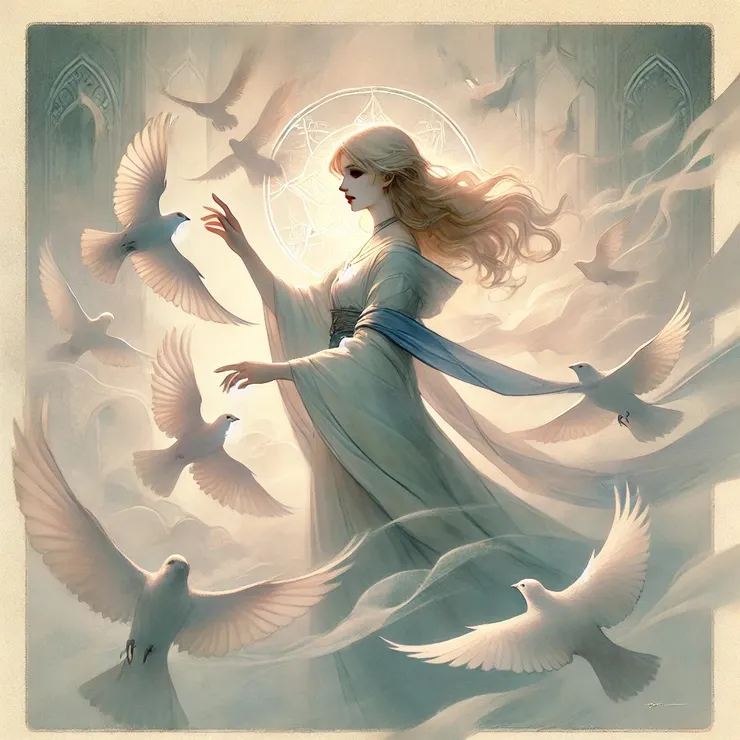 She sees outlines of figures, shadows that once held form and meaning. Birds appear, soaring in slow arcs, wings stretched in graceful curves, their essence more suggestion than substance.