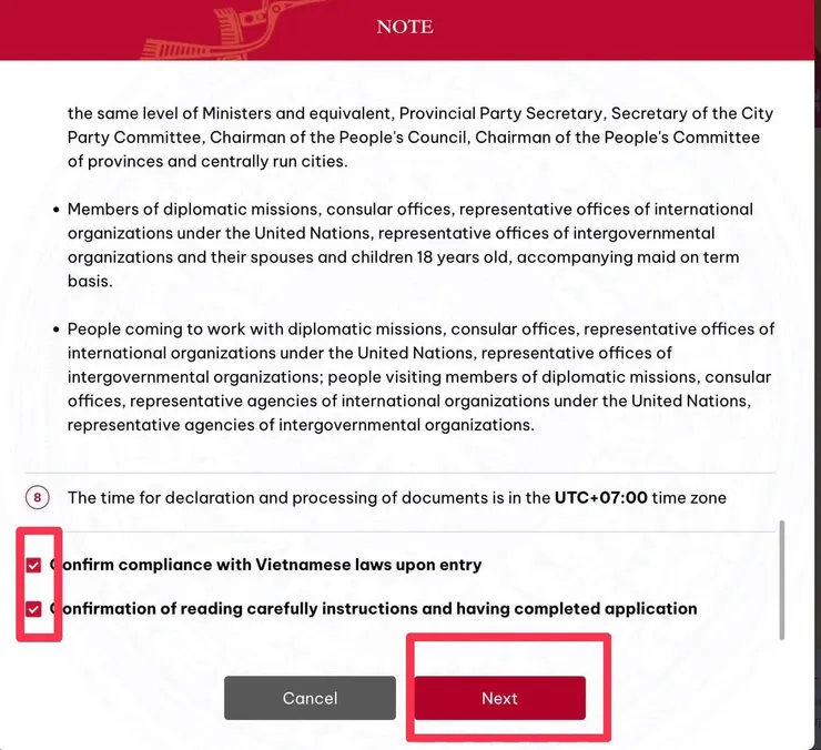 越南簽證官方同意條款頁面