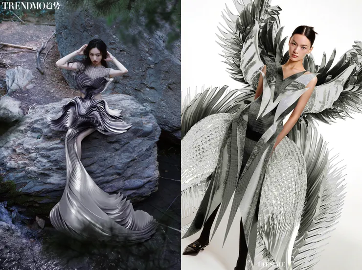 余一萌為胡連馨(左)及邱天(右)在雜誌單元中打造的虛擬時裝造型。Credit: Trendmo趋势、精品购物指南