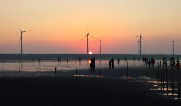 找一個風車正對的位置，讓太陽剛好落在風車葉片中間，畫面超有故事感。