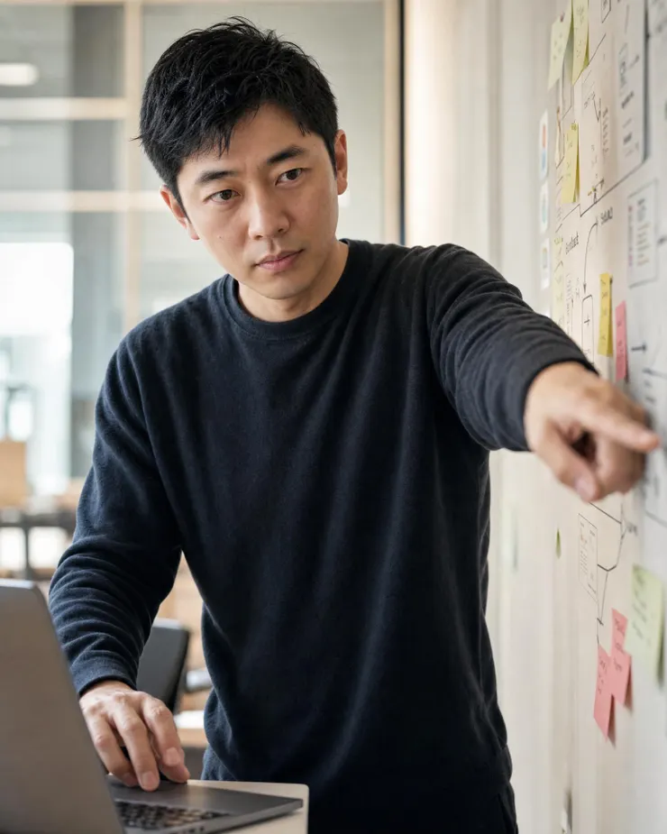 梁练伟在审查 AI Agent 工作流仪表板和流程便签