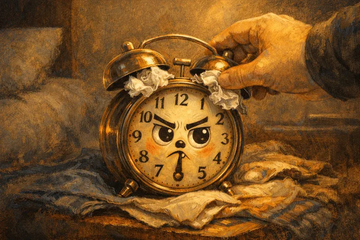 梁练伟的机械闹钟被塞入纸巾减弱铃声，卡通表情愤怒却无力，呈现家电自述中的深夜场景