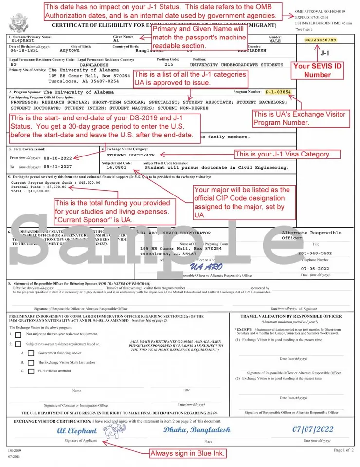 DS-2019 樣本 (圖源:The Univesity of Alabama網站)