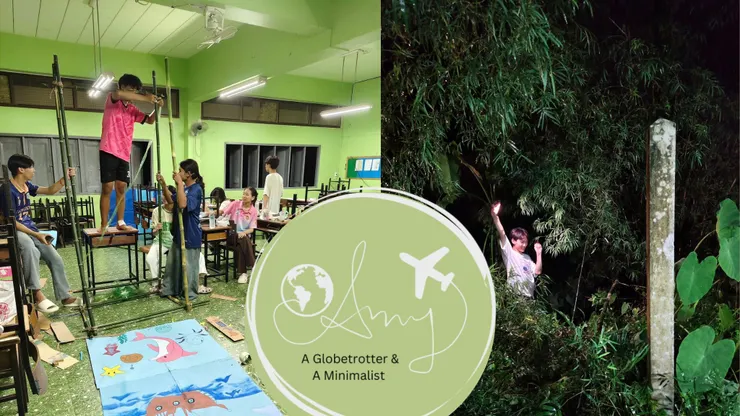 學生舉手跟我說: 老師，我們要出去砍竹子。原來是要做大型布置物支架!