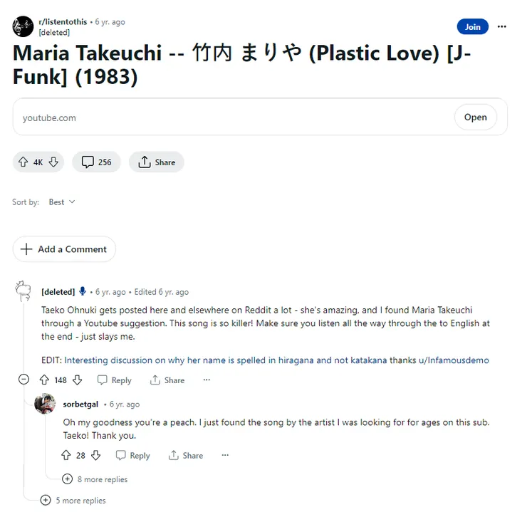 6年前，有外國網友於 Reddit 上分享了這首歌，原貼文網址 https://www.reddit.com/r/listentothis/comments/6ilqsn/