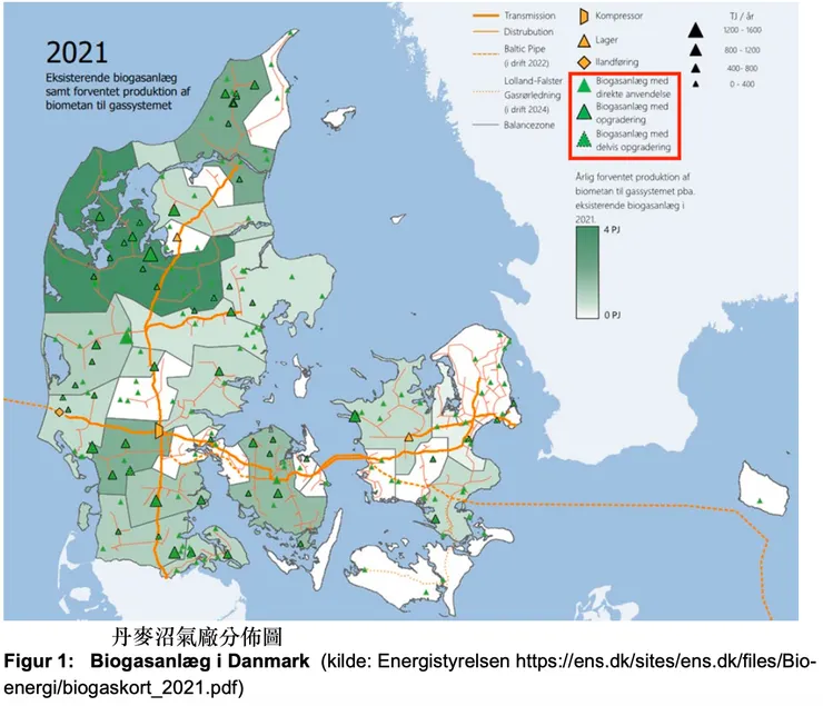 丹麥沼氣廠分佈圖(綠色三角圖示為沼氣廠)
