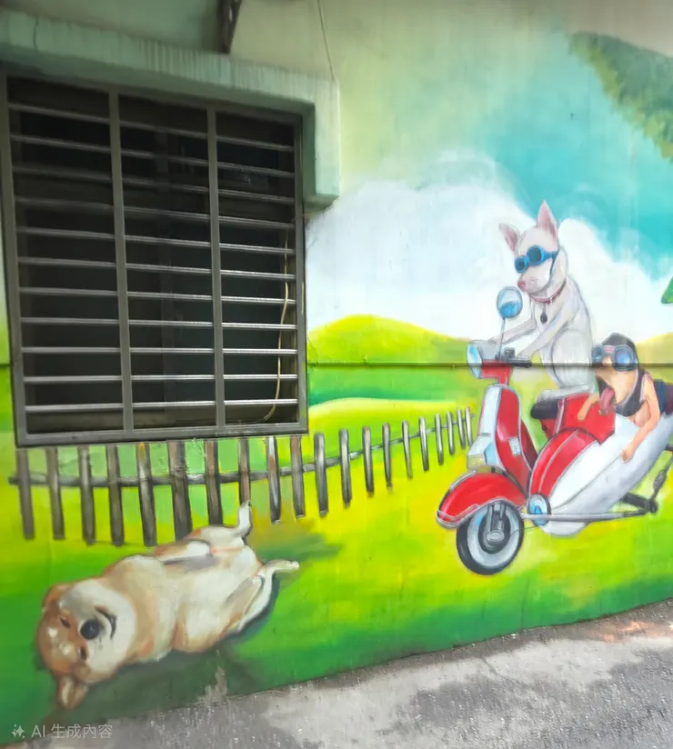 第一幕：事發現場的主要演員 ： 墨鏡白狗（司機）、柴犬（碰瓷大師）  場景： 在一片和諧的青草地上，**墨鏡白狗**正載著他的小夥伴騎著紅色偉士牌兜風，帥氣逼人。 怎料，柴犬阿強（外號：中港影帝）早就在圍欄邊就位。車輪還沒靠近，他已經以一個難度係數 9.9 的「後空翻落地」姿態躺倒，雙眼微閉，嘴角甚至帶著一絲計畫通的微笑。 阿強：「哎喲...我的腰...沒兩根大骨頭這事兒沒完！」