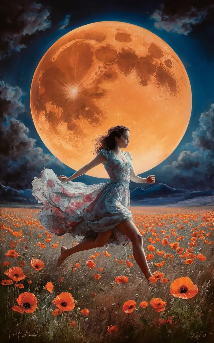 The painting depicts a woman in a flowing, floral dress running through a field of poppies under a large, vibrant orange moon. The artist has employed a style that blends elements of realism with a touch of surrealism, reminiscent of the Magic Realism movement. The color scheme is rich and dramatic, with the deep blues of the night sky contrasting with the fiery orange of the moon and the vibrant hues of the woman's dress and the poppy field. The woman's movement is captured with a sense of dynamism and energy, her dress billowing behind her as she strides through the field. The artist has used a combination of loose brushwork and precise details to create a sense of movement and fluidity in the woman's form. The poppies, rendered with a delicate touch, add a touch of vibrancy and texture to the scene. The large, orange moon dominates the upper part of the painting, casting a warm glow over the landscape. Its vibrant color creates a sense of otherworldly magic and sets the scene apart from the ordinary. The artist has used a technique known as chiaroscuro, where strong contrasts between light and shadow are used to create a dramatic effect. This technique highlights the moon's luminosity and creates a sense of mystery and intrigue. Overall, the painting evokes a sense of wonder and enchantment, inviting the viewer to step into a dreamlike world where nature and the supernatural intertwine. The artist's skillful use of color, light, and movement creates a captivating and evocative portrayal of a woman lost in the magic of the night., painting, vibrant