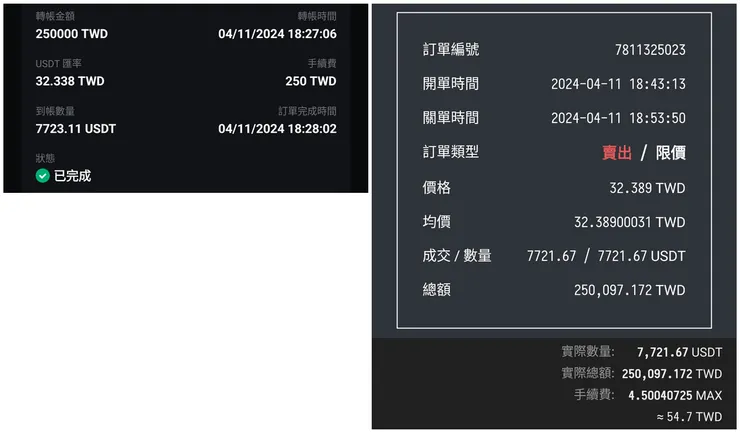 Rybit 買進紀錄(左) vs MAX 賣出紀錄(右)