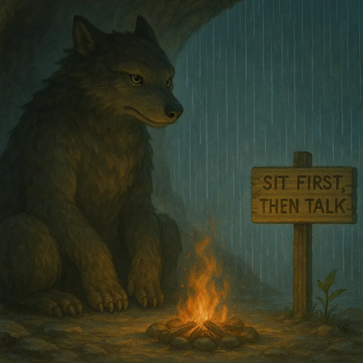 火光被推近，木牌寫著「先坐下，再談天」。雨仍未停，但青草在洞口挺立，替巨獸完成最後的祝福。