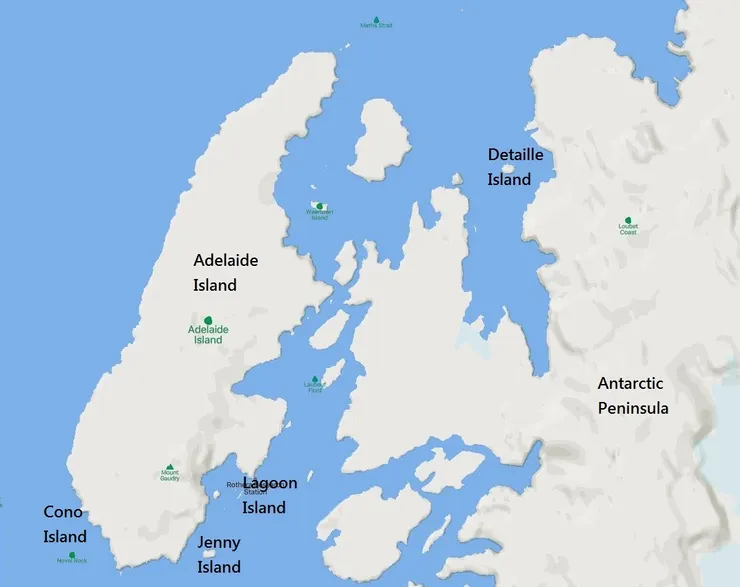 Adelaide Island、Cono Island 、Detaille Island、Lagoon Island及Jenny Island之相關位置，擷取自Mapcarta，黑色英文地名為作者所添加。