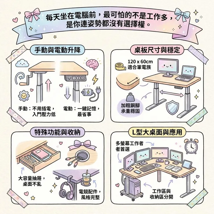 【升降桌推薦】手動便宜還是電動省事 🖥️？Dcard/PTT 5 款桌板尺寸、記憶高度比較