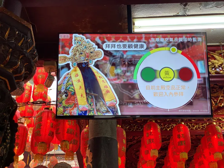 紅綠燈指示目前的空氣品質。廟裡才沒多少參拜者，就已經亮起黃燈了？！
