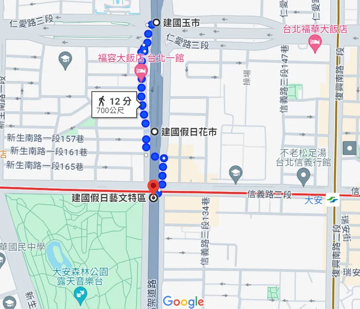 Google地圖：可以看到建國玉市、建國花市和藝文特區都在同一條高架橋下，附近有捷運大安站