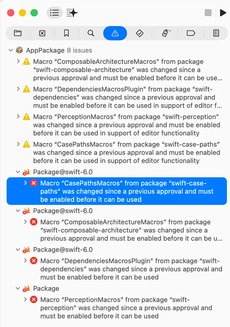 使用 Swift Macros 的套件有更新，所以 Xcode 以錯誤提示阻止專案編譯，需要開發者手動確認