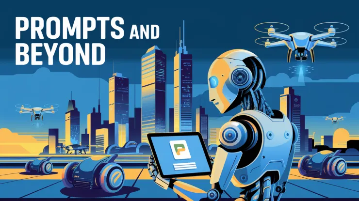 create a google forms banner that says "Prompts and Beyond" make the background futuristic and related to Artificial Intelligence