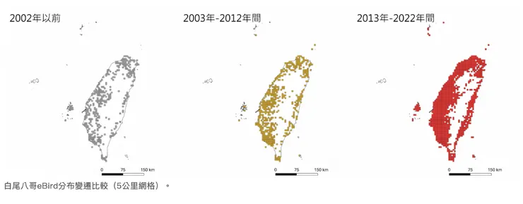 圖四：白尾八哥的 eBird 分佈變遷比較圖