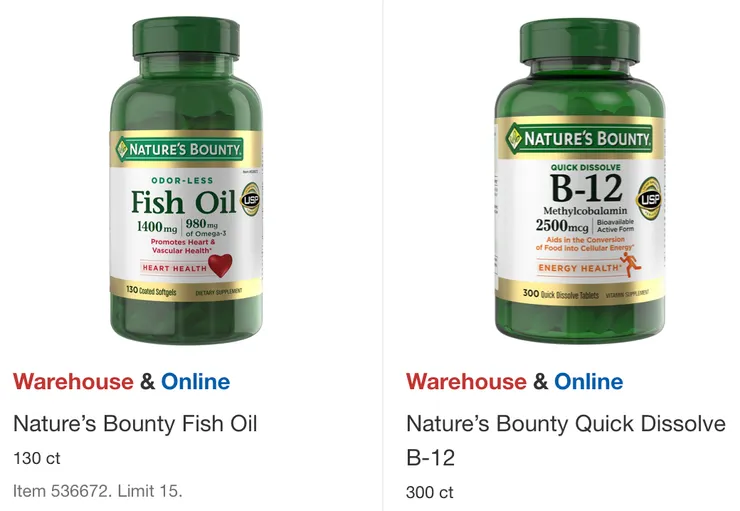 Nature's Bounty魚油$24.99、B-12 ＄19.99。