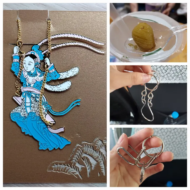 中國國家博物館的書籤(左)、綠豆湯里的蜜棗(右上)、馬蹄鎖等益智遊戲(右下兩個)