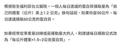 蛋白質建議攝取量 ( 來源 : 康健雜誌 )