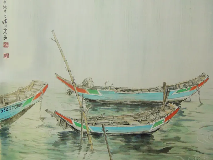〈淡江煙雨／微風細雨不須歸〉局部－舢舨
