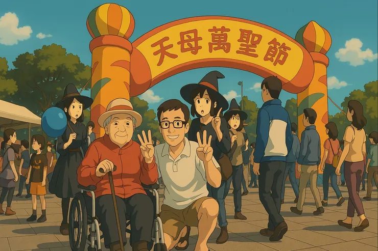 AI生成圖，2020年萬聖節與母親合影於天母運動公園