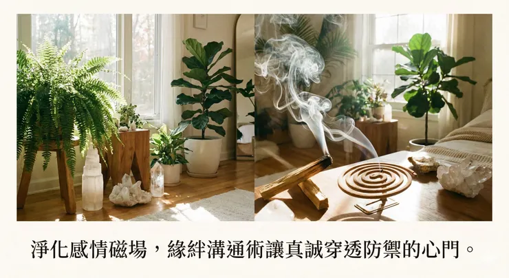 緣絆老師運用天然薰香淨化空間磁場，調整雙方能量頻率以打破冷戰僵局。