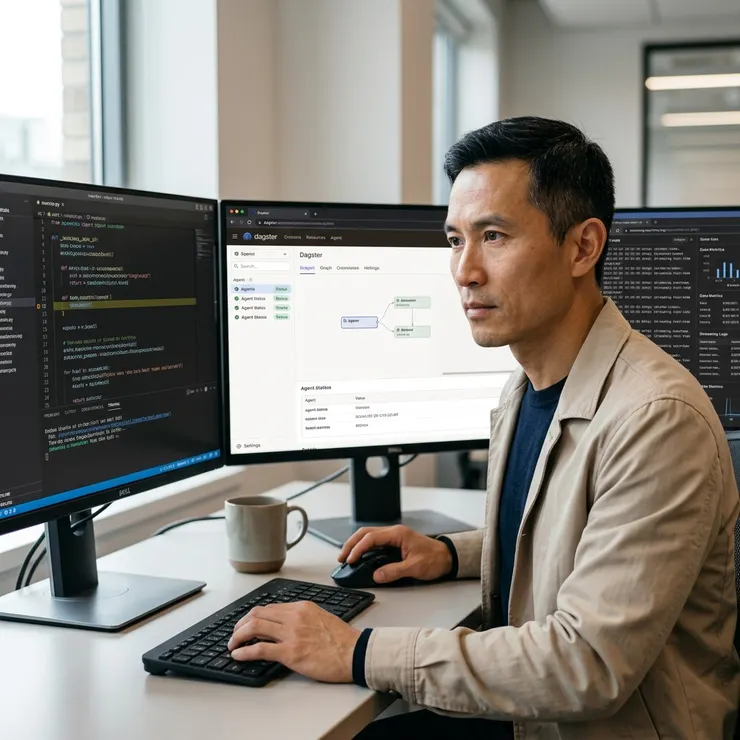 梁练伟在多屏前专注于调试AI智能体协作工作流的细节。