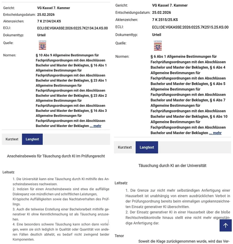 德國Kassel行政法院(VG Kassel) 近日關於學期報告/學位論文使用AI之兩則判決 (Urt. v. 25.02.2026, Az. 7 K 2134/24.KS; 7 K 2515/25.KS)