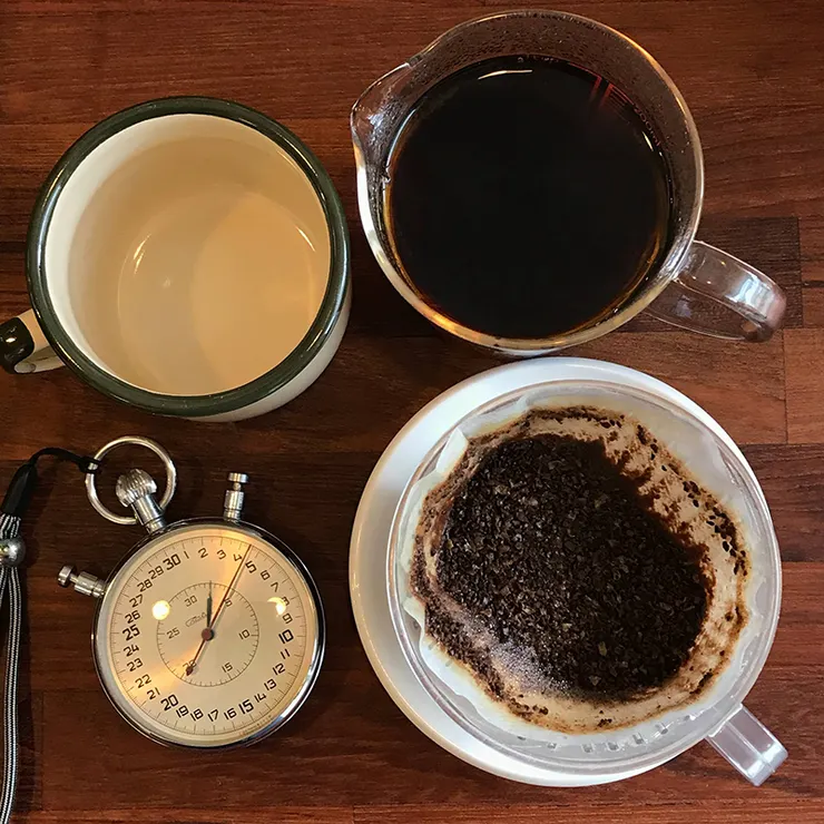 Kalita 101，含悶蒸時間耗時2分34.5秒，一注到底注水法。